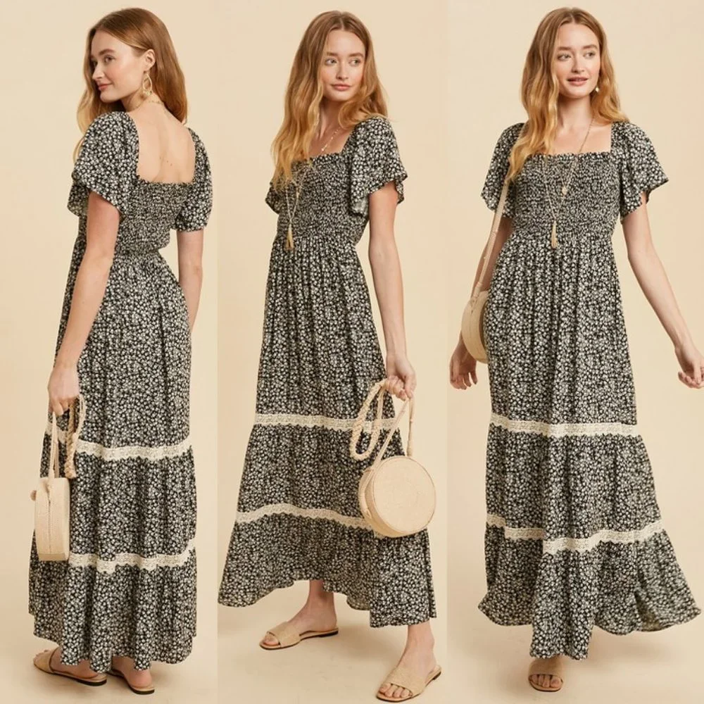 NEW Black Ditsy Floral Smock Square Neck Bodice Lace Trim Skirt Boho Maxi Dress - Picture 1 of 11